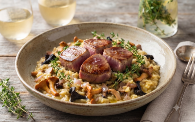 Arroz meloso de Solomillo de Atún Rojo Salvaje de Almadraba y setas silvestres: Una receta de diez